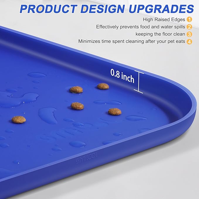 Silicone Pet Feeding Mat with Raised Edge for Food and Water, Dog Bowl Mats, Cat Bowls Placemat with High Lip for Floor Waterproof, Rubber Tray for Cats and Dogs 22 x 14 x0.8 Navy Blue