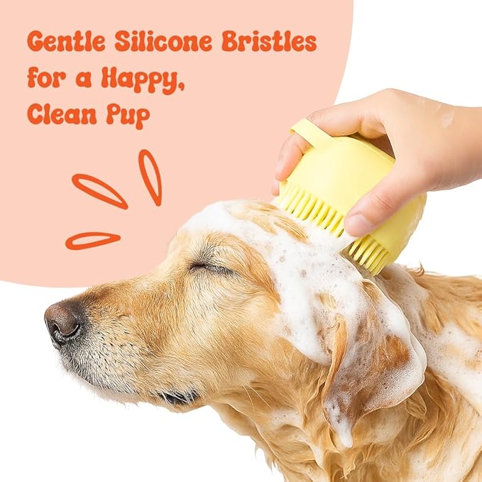 HamInWay Dog Bath Brush, 2-in-1 Dog Grooming Brush with Built-in Shampoo Dispenser, Gentle Silicone Bristles for Bath & Massage, Non-Slip Handle, Easy Clean Design for Dogs, Cats & Small Pets, Yellow