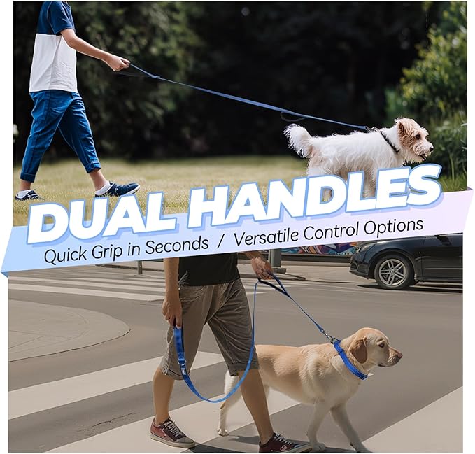 VIVAGLORY Twingrip Dog Leash, Double Handle Dog Leash for Training & Walking with Traffic Handle & 2 Loop, Traffic Control Reflective Heavy Duty for Puppy Pet, 4ft x 1/2in, Blue