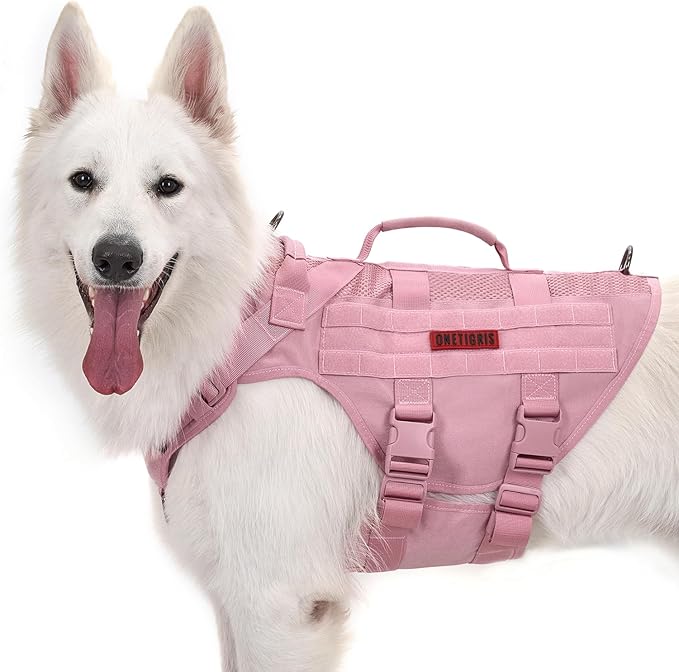 OneTigris Tactical Dog Harness for Small Dogs, No Pull Small Dog Vest Harness with Handles Breathable Military Dogs Molle Vests, Walking Hiking Training (Pink, X-Large)