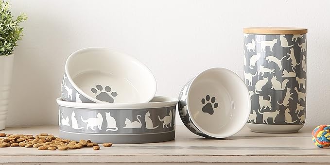 Bone Dry Ceramic Treat Jar for Cats and Dogs, Bamboo Lid, Dishwasher Safe Canister, 4x6.5, Gray, Cat Treats (Pack of 6)