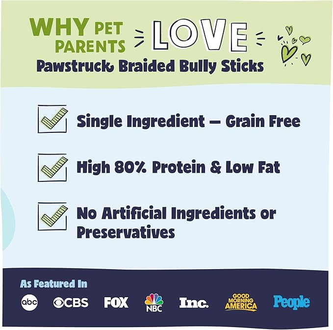 Pawstruck Natural 12" Braided Bully Sticks for Dogs – Tough, Long-Lasting, Rawhide-Free, Low-Odor, Single Ingredient Chew Treat for Aggressive Chewers – 5 Count – Packaging May Vary