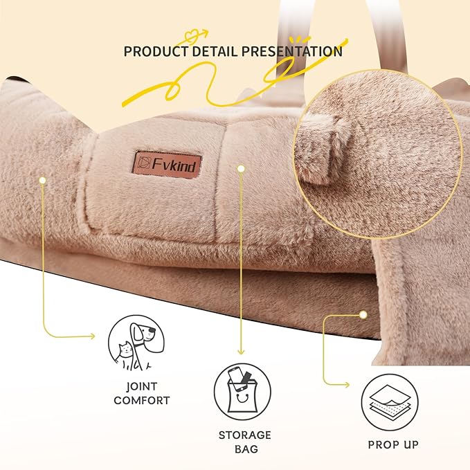 Human Dog Bed for Adult Kids, 70"x33"x12" Washable Faux Fur Human Size Dog Bed for People Doze Off, Cozy Large Present with Blanket and Pillow, Khaki