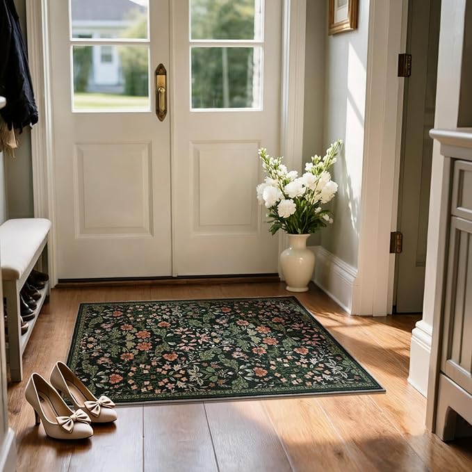Floral Entryway Washable Rug: 2x3 Soft Low Pile Thin Indoor Front Door Mat, Non Slip Stain Resistant Vintage Flower Boho Accent Small Rugs for Bedroom, Kitchen, Bathroom, Nursery Entrance - Black