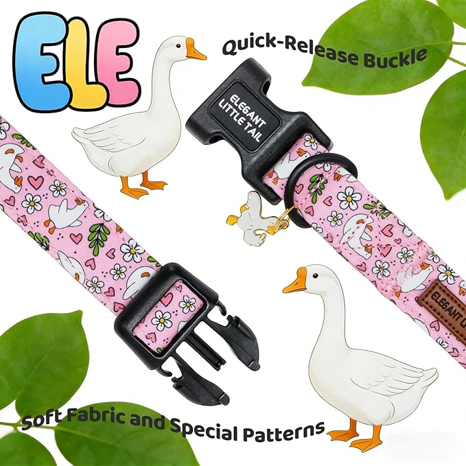 Elegant little tail Dog Collar, White Goose Print Spring/Summer Soft Cotton Puppy Collars Adorable Female or Male Pet Gift Lightweight Plastic Adjustable Dog Collar for Small Dogs
