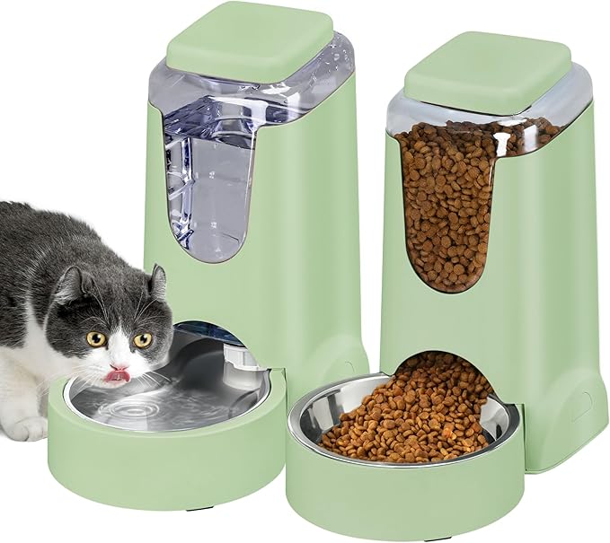 2 Pack Automatic Cat Feeder and Stainless Steel Water Dispenser, Gravity Dog Waterer Set Food Feeder and Waterer Set for Small Medium Kitten Puppy Pets(1 Gallon x 2, Green)