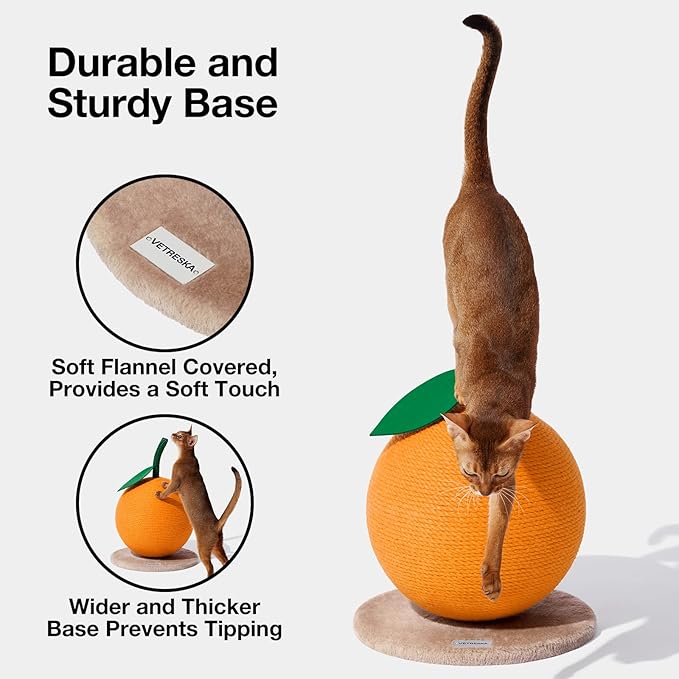 VETRESKA Orange Cat Scratching Post, Cute Cat Scratcher with Jute Rope, Vertical Cat Scratch Post for Indoor Cat and Kitten, Cat Scratching Ball
