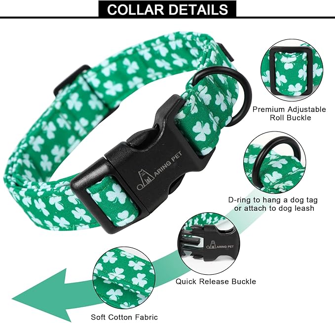 ARING PET St Patrick's Day Dog Collar, Cute Green Clovers Pet Collars with Quick Release Buckle for Puppy Small Medium Large Boy Girl Dogs-L