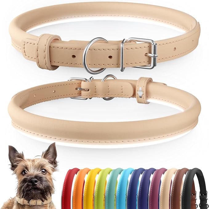 CollarDirect Rolled Leather Dog Collar, Soft Padded Round Puppy Collar, Handmade Genuine Leather Collar Dog Small Large Cat Collars 13 Colors (6-7 Inch, Beige Smooth)