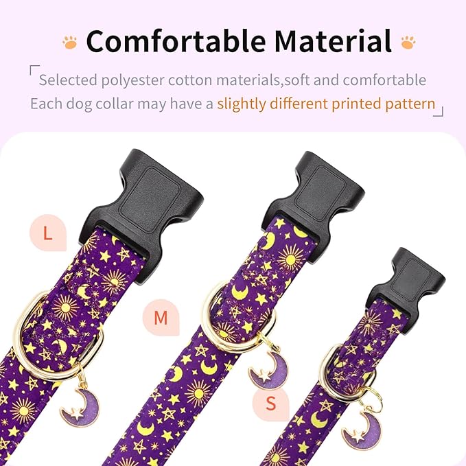 Cotton Dog Collar,Adjustable Cute Puppy Collar with Moon Patterned Design for Small Medium Large Dogs,Soft and Fancy Pet Collar with Safety Buckle for Girl Boy Dogs (Purple Moon, L)