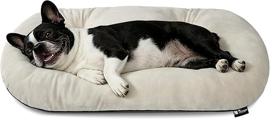 Durable & Washable Dog Bed for Small Medium Dogs & Cats, Plush Faux Silver Fox Fur Oval Bed with Non-Slip Bottom & Supportive Pad, 29”x18” Beige