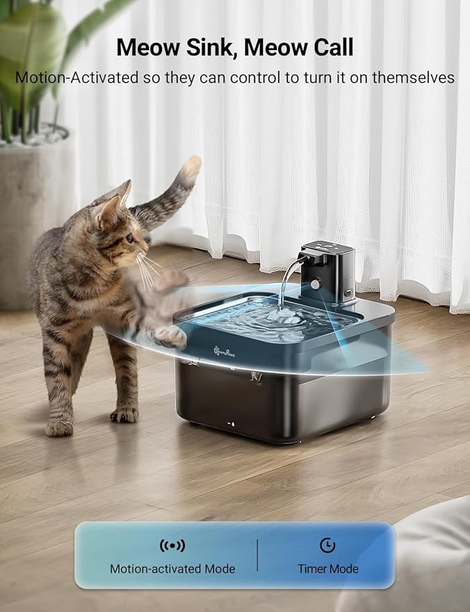 DownyPaws Cat Water Fountain Stainless Steel Cordless, 84oz/2.5L Fursink Wireless Pet Water Fountains for Cats Indoor, Battery Operated Cat Drinking Fountain, Ultra Quiet Pump, BPA-Free, Black
