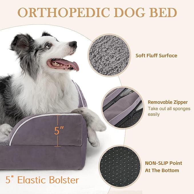 Comfort Expression Orthopedic Dog Bed for Extra Large Dogs 53x42 Inch, Waterproof Supportive Egg Crate Foam XXL Pet Bed with Removable Bolsters, Dog Couch with Washable Cover & Non-Slip Bottom, Purple