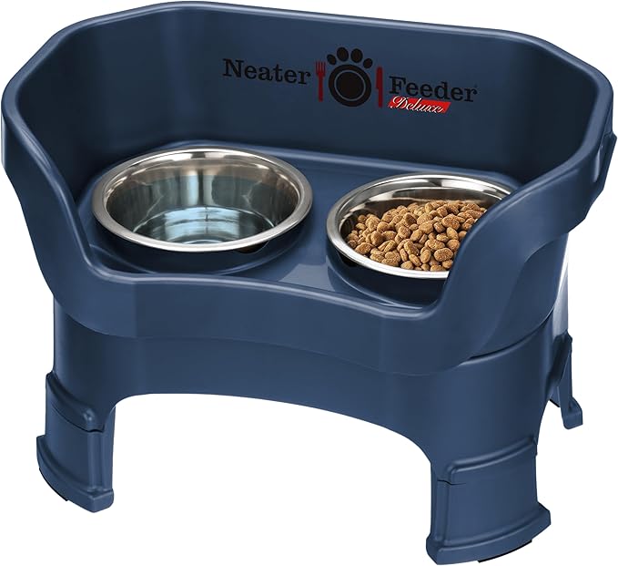 Neater Feeder Deluxe Mess Proof Dog Bowls Elevated Medium Sized Dogs (19-40 lbs) Made in USA, No Spill Raised Dog Food Bowl Stand w/Leg Extension, Stainless Steel Food and Water Bowl Set, Dark Blue