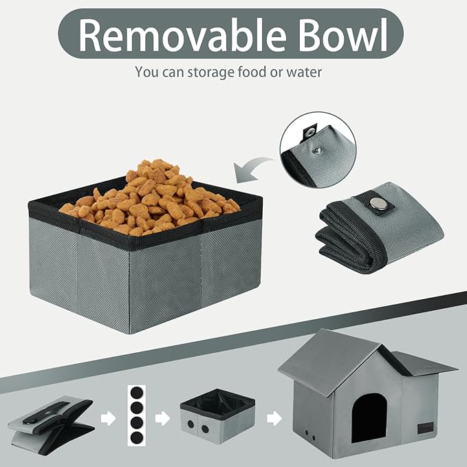 Cat Houses for Outdoor Cats-Large Weatherproof Cat Bed for Indoor Cats,Collapsible Warm Feral Cat Shelter with Removable Soft Mat and Bowl for Winter (Gray, Large)