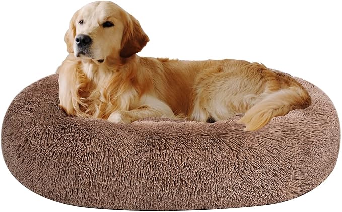 Coohom Oval Calming Donut Cuddler Dog Bed,Shag Faux Fur Cat Bed Washable Round Pillow Pet Bed(30"/36"/43'') for Small Medium Dogs (XL(36"x27"x7"), Camel)