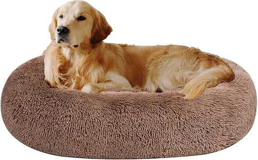 Coohom Oval Calming Donut Cuddler Dog Bed,Shag Faux Fur Cat Bed Washable Round Pillow Pet Bed(30"/36"/43'') for Small Medium Dogs (XL(36"x27"x7"), Camel)