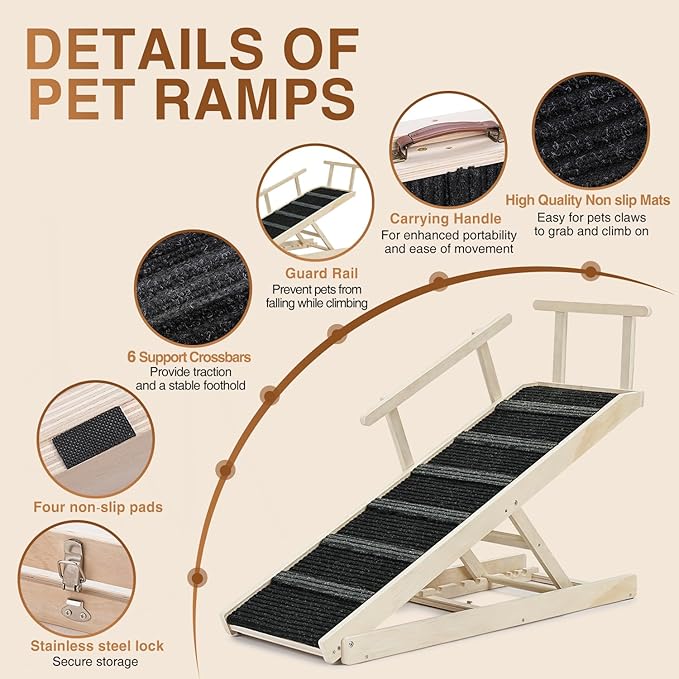 Dog Ramp for Bed - Foldable Small to Large Dog Ramp for Couch - 7 Adjustable Height from 11" to 27" - Stairs with High Traction Mat - Wooden Portable Ramp for Dogs to Get on Bed Couch Car Up to 200LBS