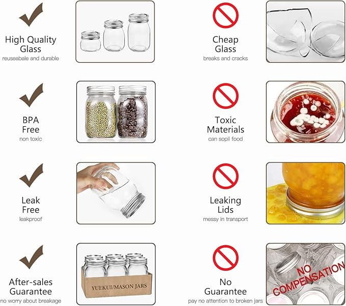 6 PCS Mason Jars with 70mm Regular-Mouth Glass Canning Jars, clear glass jars with Silver Metal Lids for Jelly, Sara,Bird’s Nest, Jam, Milk Tea,wedding-gifts,as an element of interior(2pcs 4.8oz/2pcs 8oz/2pcs 16oz)