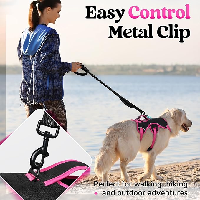rabbitgoo Escape Proof Dog Harness Large Dogs, Soft Padded Full Body Pet Harness, Reflective Adjustable No Pull Vest with Lift Handle and Leash Clip for Walking Hiking Training, Pink & Black, L