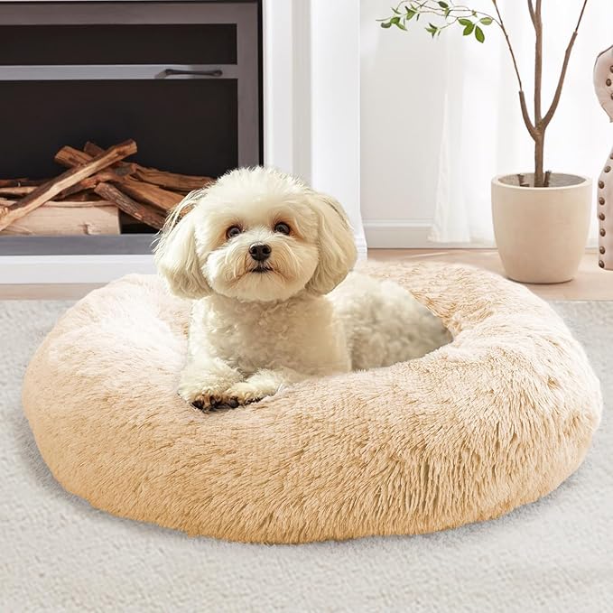 JOLLYVOGUE Calming Dog Bed Medium Size Dog, Anti-Anxiety Donut Medium Pet Bed, 27 inches Fluffy Faux Fur Round Cat Bed (Off White)