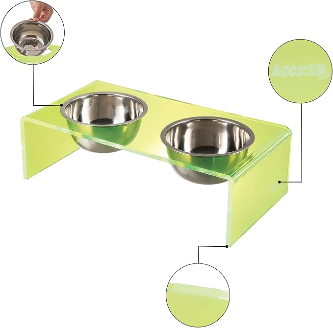 The LICKER Store DBL2001G Keaton 7.5" Medium/Large Modern Acrylic Rectangular Elevated Pet Feeder with 54oz 2-Stainless Steel Bowls, Green/Chrome