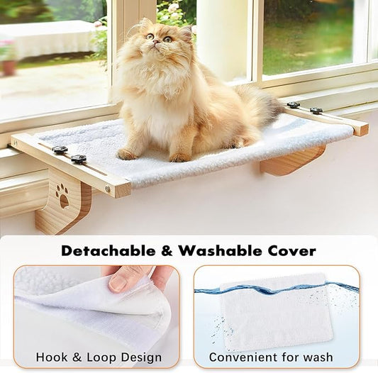 AMOSIJOY Cat Sill Window Perch Sturdy Cat Hammock Window Seat with Wood & Metal Frame for Large Cats, Easy to Adjust Cat Bed for Windowsill, Bedside, Drawer and Cabinet
