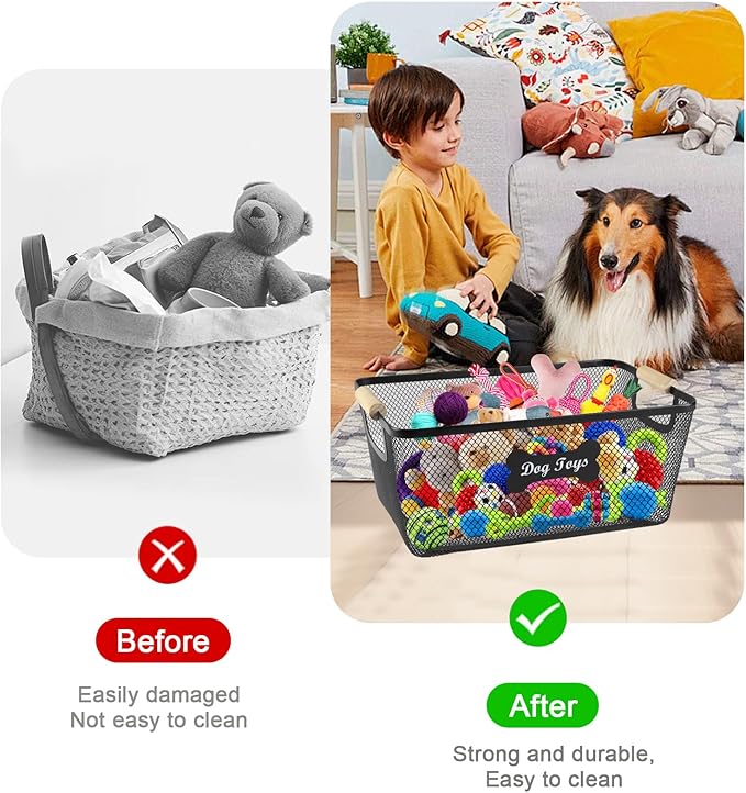Sturdy Dog Toys Basket,14''x9''x6'' Metal Dog Toy Bin,Mesh Wire Basket with Wooden Handles for Dog Toys,Dog Toy Organization & Storage,Ideal for Dog Leash,Blanket,Toys,Snacks-Black
