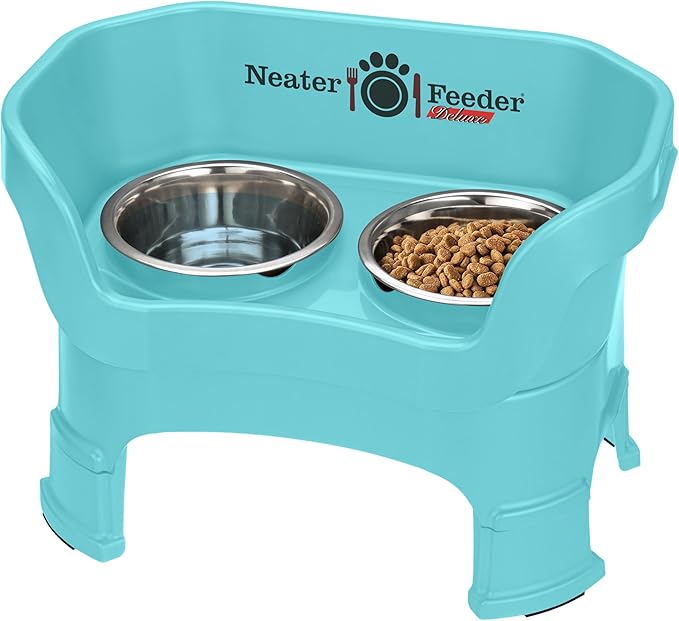 Neater Feeder Deluxe Mess Proof Dog Bowls Elevated Medium Sized Dogs (19-40 lbs) Made in USA, No Spill Raised Dog Food Bowl Stand w/Leg Extension, Stainless Steel Food and Water Bowl Set, Aquamarine