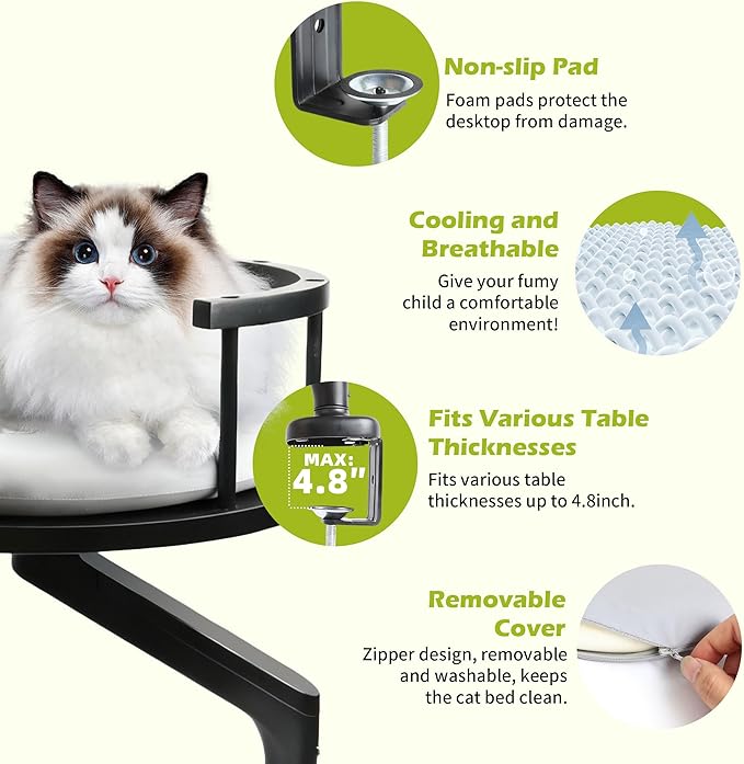 Cat Bed for Desk Solid Wood, Clamp-On Desktop Cat Perch with Memory Foam Cushion, Space-Saving Cats Bed Platform for Large Cats, No Drilling Needed, Elegant Pet Furniture for Office & Bedside