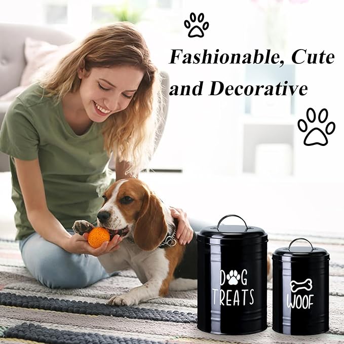 Dog Treat Container Airtight, Dog Treat Jar Set of 2 with Lid - 9x5.5''&7x4'' Metal Dog Cookie Jar for Farmhouse Kitchen Counter, Black Treat Jars for Pets, Treat Storage Container for Dogs, Cats