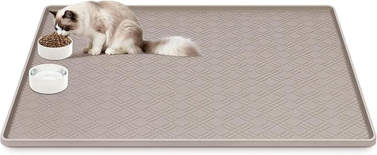 Lanstics Cat Food Mat, 42" x 29" Large Silicone Mat Cat Feeding Mat with Raised Edge Non-Slip Pet Feeding Mat for Food and Water Bowl, Easy to Clean, Floor Protection (Beige)
