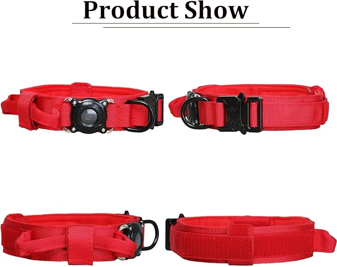 Xqpetlihai Upgraded AirTag Dog Collar Waterproof Tactical Dog Collar with AirTag Holder Heavy Duty Dog Collars for Large Dogs(Red，M
