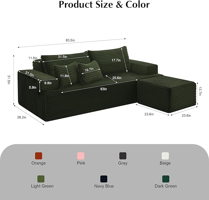 84'' Boneless Sectional Couch for Living Room, Convertible L-Shape Modular Sectional Sofa in A Box with Movable Ottoman,3-Seater Corduroy Cloud Couch 2 Throw Pillows, No Assembly Required, Light Green