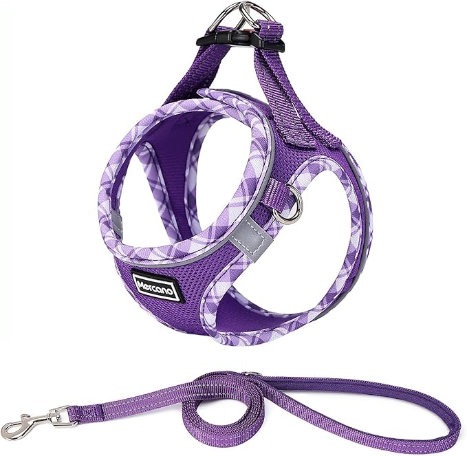 Mercano Soft Mesh Dog Harness and Leash Set, No-Chock Step-in Reflective Breathable Lightweight Easy Walk Vest Harnesses with Safety Buckle for Small Dogs, Cats (XS, Purple)