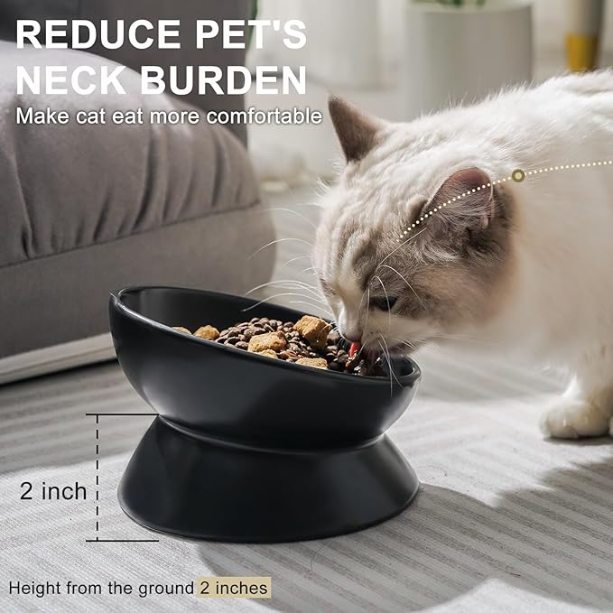 YauYik Cat Bowls Anti Vomiting, Raised Cat Food Bowls, Tilted Elevated Cat Bowl, 10 Oz Ceramic Pet Food Bowl for Flat Faced & Short Leg Cats, Small Dogs, Dishwasher Safe (Black, 2 Pack)