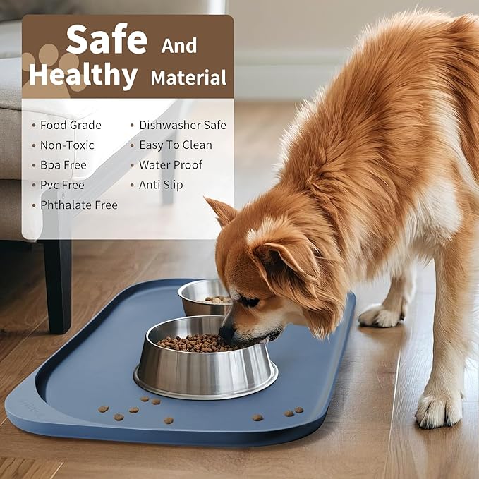 Silicone Pet Food Mat with Raised Edge for Food and Water Bowl, Dog Feeding Mats, Cat Food Trays for Floor Waterproof, Rubber Tray for Dogs and Cats, 17 x 12 x 0.7 Slate Blue