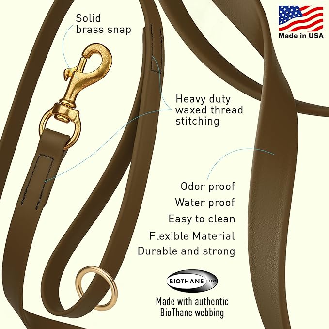 Viper Biothane K9 Working Dog Leash Waterproof Lead for Tracking Training Schutzhund Odor-Proof Long Line with Solid Brass Snap for Puppy Medium and Large Dogs 6ft, Coyote Brown