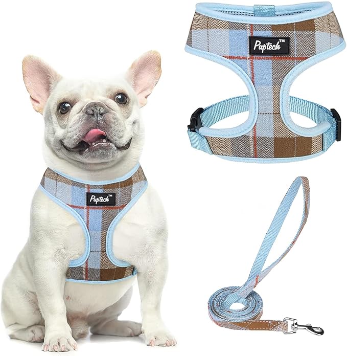 PUPTECK Soft Mesh Dog Harness and Leash Set Pet Puppy Cat Comfort Padded Vest No Pull Harnesses, Blue&Brown, M