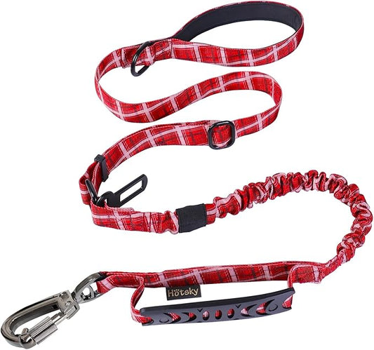 Hotsky Tactical Dog Leash Heavy Duty for Medium Large Dogs That Pull,4-6Ft Strong Bungee Shock Absorbing No Pull Dog Leash with Padded Double Handle and Car Seatbelt,Red Plaid