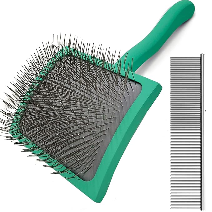 Large Slicker Dog Grooming Brush Kit - Ergonomic Wooden Handle, Long Pins for Goldendoodles, Poodles, Doodles & Haired Dogs (green)