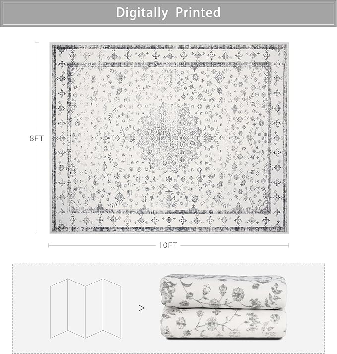 Washable Rugs 8x10 Area Rugs for Living Room,Rugs for Bedroom,Large Carpets,Ultra Soft Faux Wool Retro Dining Room Rug,Non Slip&Non-Shedding Low Pile Vintage Print Rug for Home Office-Grey