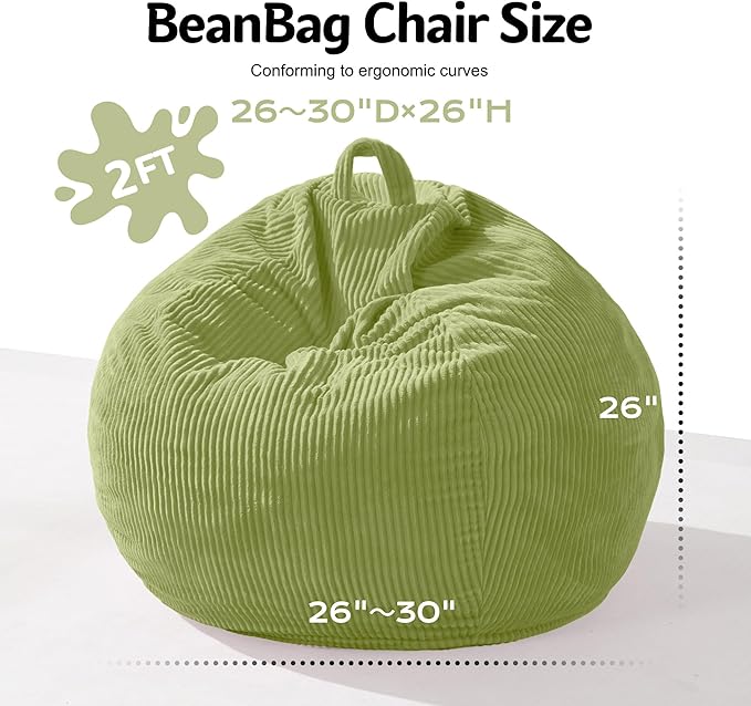 Homguava 2FT Bean Bag Chair,Teardrop Bean Bags Small Beanbag Chair with Memory Foam Filled and Ultra Soft Corduroy Cover for Living Room, Bedroom(Green)