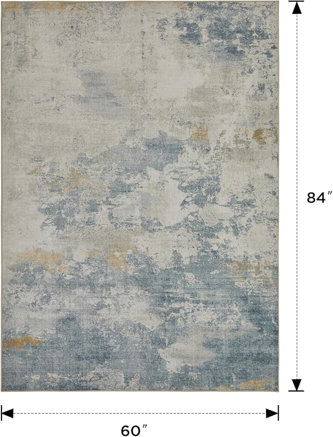Joydeco 5x7 Area Rugs for Living Room, Non-Slip Modern Abstract Soft Washable Rug, Low Pile Carpet for Bedroom, Dining Room, Home Office, Pet & Child Friendly, White & Blue & Gold