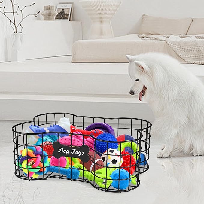 Geyecete Dog Toy Basket, Bone Shaped, Black, Metal, Organizer, Storage, Pet Accessories