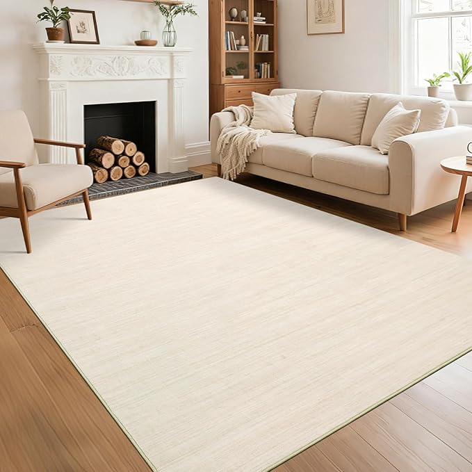 Washable Area Rug 8x10 for Living Room Bedroom Non Slip Minimalist Solid Color Area Rugs Modern Abstract Plain Dining Room Throw Carpet Low Pile Soft Classic Boho Rugs for Kitchen Nursery Oiifce,Ivory