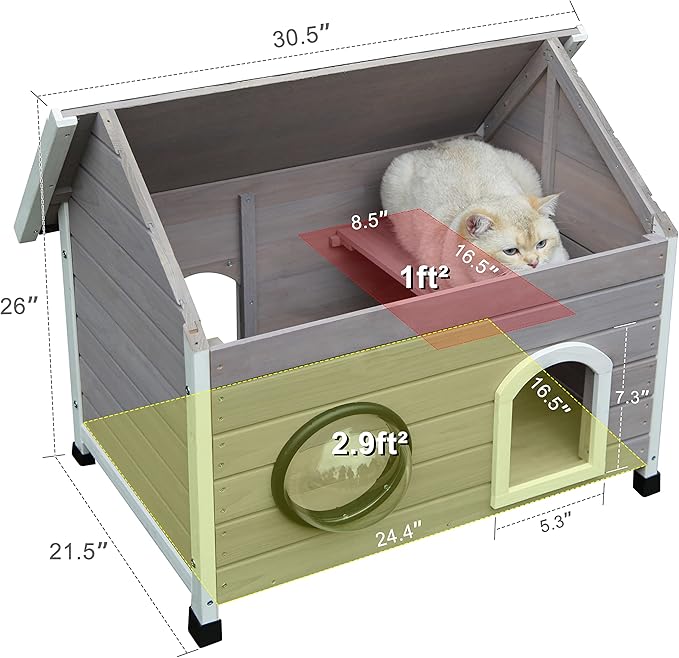 Rockever Outdoor Cat House, Waterproof Feral Cat House for Outdoor Cats with Escape Door and Clear Windows for 2 Cats (Grey)