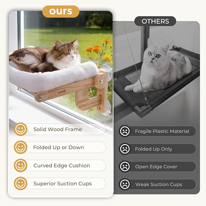 Pecute Foldable Cat Window Perch, Cloud-Soft Cat Bed with Solid Wood Frame, Strong Suction Cup, Washable Cushion, Stable Large Cats Hammock with Sided Bolster, Cats Perch Indoor for Sunbathing, White