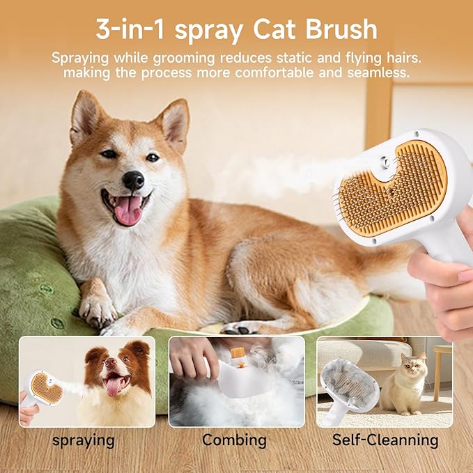 Pet Steam Brush for Dog & Cat – shower bath brush – Steam for Shedding & Grooming Water Brush for Long & Short Haired Pets Spritz Defur Comb 3-in-1 Spray Hair Removal Comb Includes 2*Waterless Shampoo