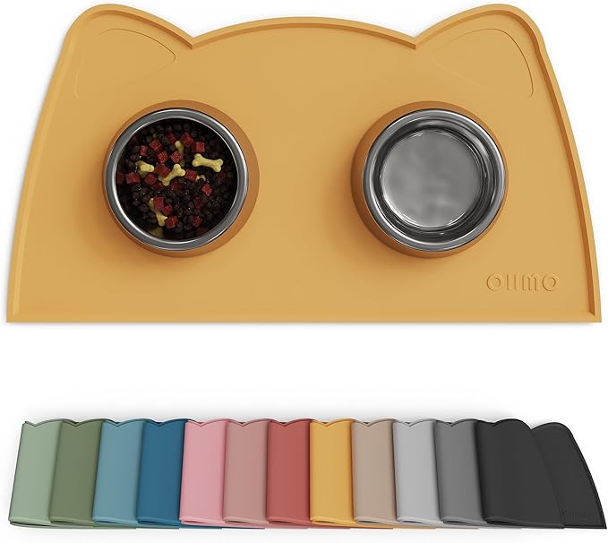 OHMO - Cat Food Mat, Silicone Pet Feeding Mat for Floor Non-Skid Waterproof Dog Water Bowl Tray, Easy to Clean Pet Placemat (Honey, 18 * 9.8'')